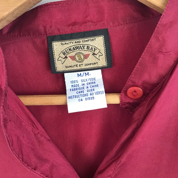 100% Silk Vintage Long Sleeve Button Up Collarless Blouse Maroon Burgundy Red M - Picture 9 of 9